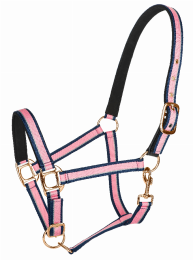 TuffRider Adjustable Nylon Breakaway Halter with Padded Crown and Rose Gold Hardware- Hot Pink/Navy/Gray (size: H)